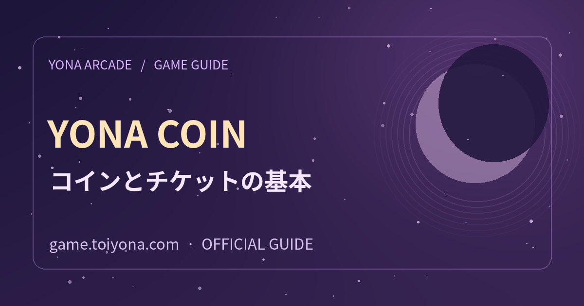ヨナコイン・無料チケット・冒険ポイントの違いの紹介用ビジュアル。紫色の夜空と月を背景にYONA ARCADEの名称がある