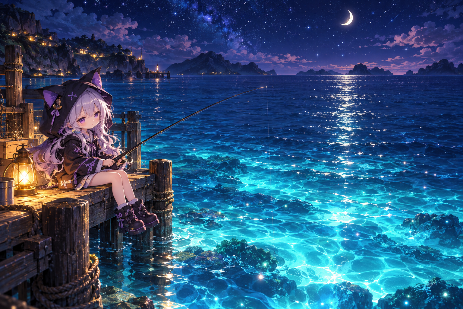 月明かりの海で釣りをするヨナ